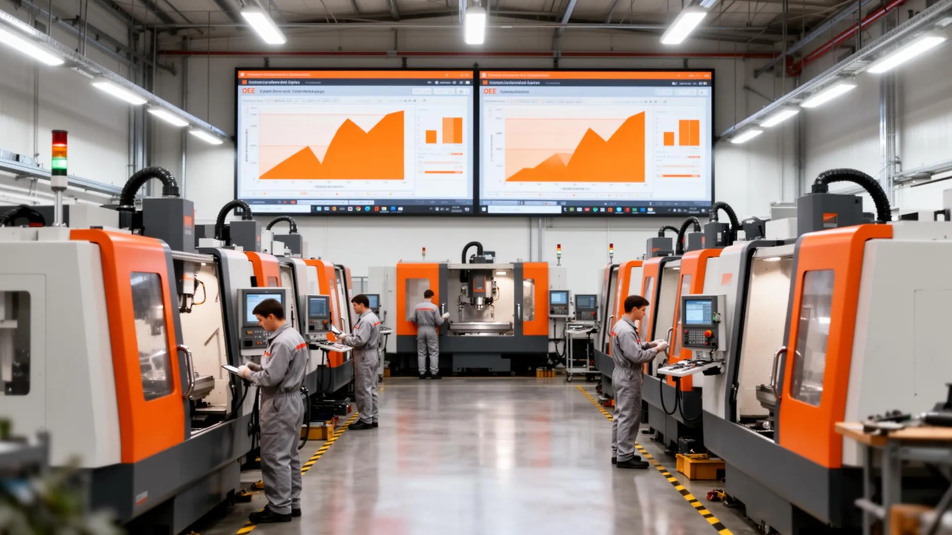 Chão de fábrica com máquinas CNC monitoradas